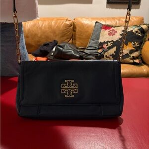 Tory Burch Navy Leather Shoulder Bag with Gold Accents